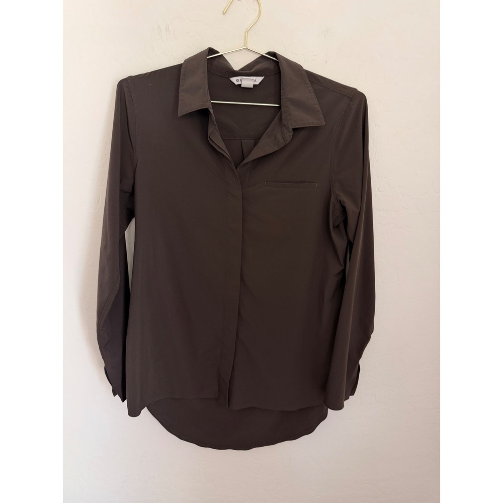 Athleta Womens Long Sleeve Hidden Button Down Shirt Brown Technical Stretch S